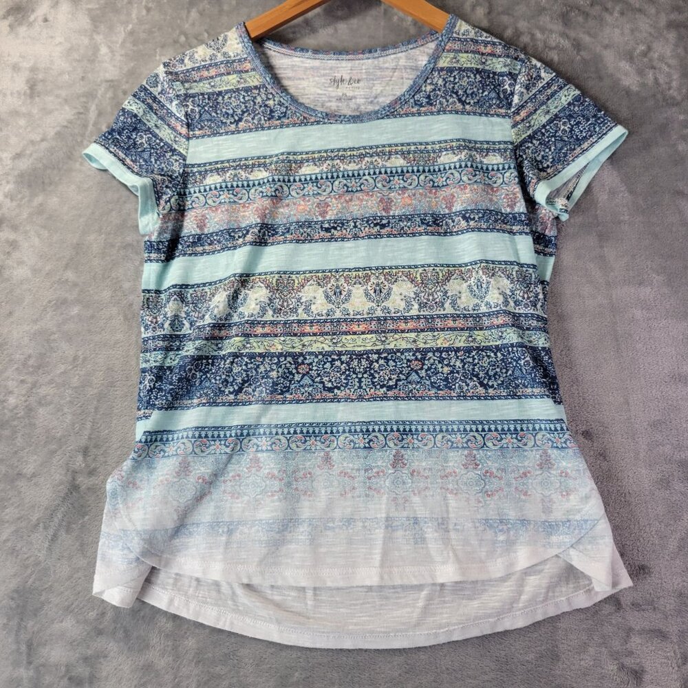 Style & Co Women’s Petite PS Short Sleeve Boho Paisley Print Top Blue Multi Vibe